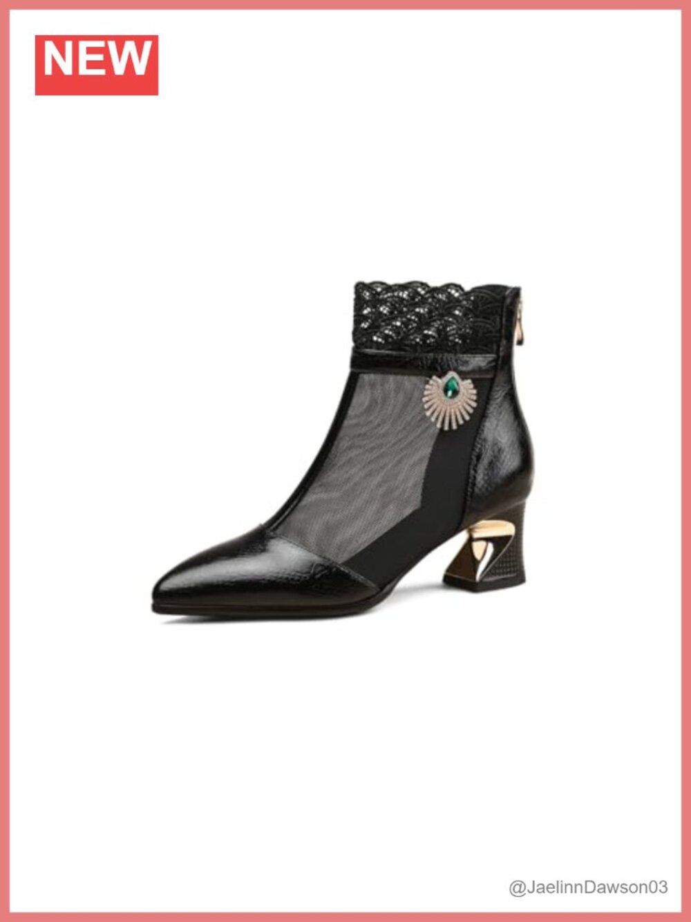 Pointed Toe Genuine Leather Mesh Ankle Boots Zip Up Mid Heel
